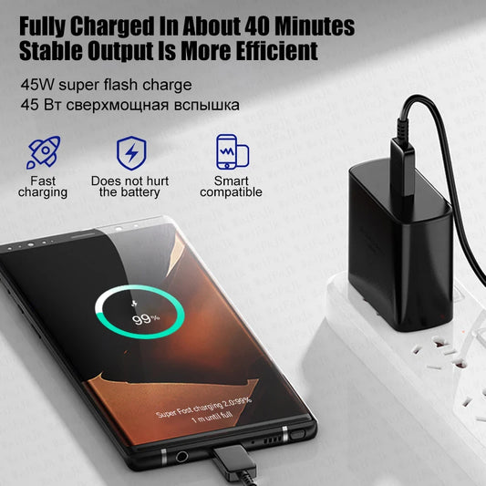 Chargeur d'origine 45W rapide de type C pour Samsung Galaxy S22 S23 S24 Ultra S21 S20 Fe S10 Note 20 plus A71 A80 Câble de charge rapide
