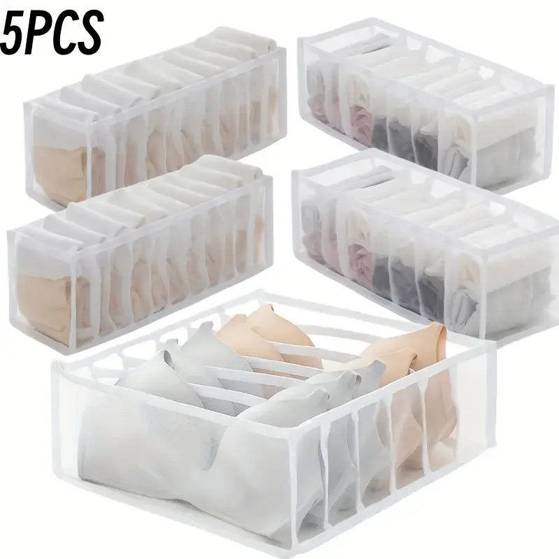 Boîtes de rangement à domicile de 5 packs Sacs de combinaison de sous-vêtements à carreaux pliants - Diviseurs de tiroir en nylon pour chaussettes, culotte et sous-vêtements