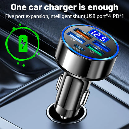 Chargeur de voiture à LED 250W 5 ports Frappe-charge PD QC3.0 USB C Téléphone Car Chargeur Type C Adaptateur en voiture pour iPhone Samsung Huawei Xiaomi