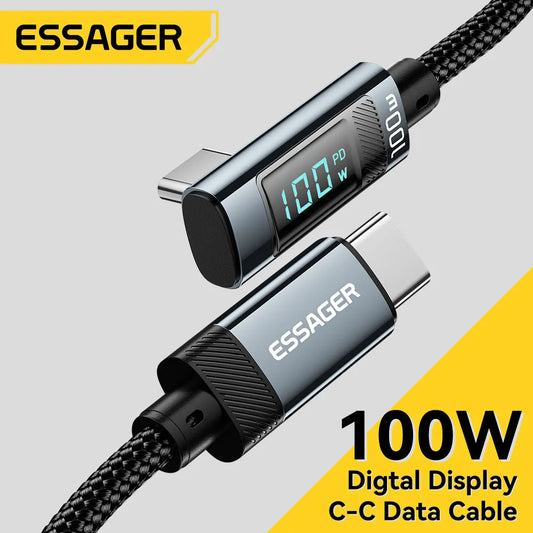 ESSAGER PD100W USB C TO TYPE C Cable Câble de charge rapide Câble 90 degrés avec affichage pour iPhone 15 Huawei Samsung MacBook Pro