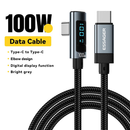 ESSAGER PD100W USB C TO TYPE C Cable Câble de charge rapide Câble 90 degrés avec affichage pour iPhone 15 Huawei Samsung MacBook Pro