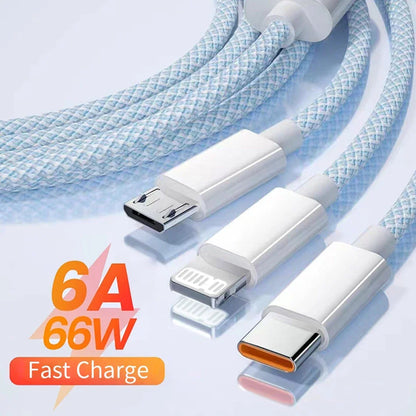 1,2m/2m/3m 66W 3 en 1 Câble de charge rapide 2 en 1 Câble USB de type C 6A Données Câble du chargeur rapide pour Huawei Xiaomi Samsung