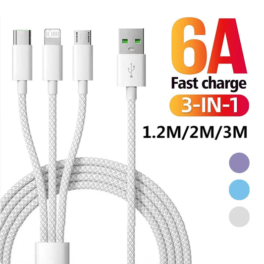 1,2m/2m/3m 66W 3 en 1 Câble de charge rapide 2 en 1 Câble USB de type C 6A Données Câble du chargeur rapide pour Huawei Xiaomi Samsung