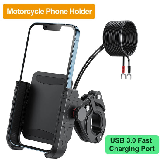 Montage du téléphone à moto avec USB QC3.0 Port de charge rapide Port Universal à 360 ° Porte-téléphonie de guidon pour smartphones de 5,4-7,2 pouces