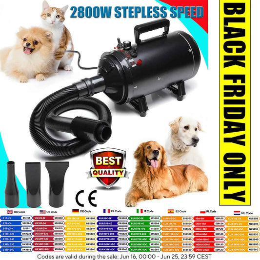 2800W Dog Séchon de sèche-linge Contrôle de température de vitesse réglable avec 3 buses, tuyau extensible pour le toilettage des cheveux pour animaux de compagnie, séchoir de véhicules