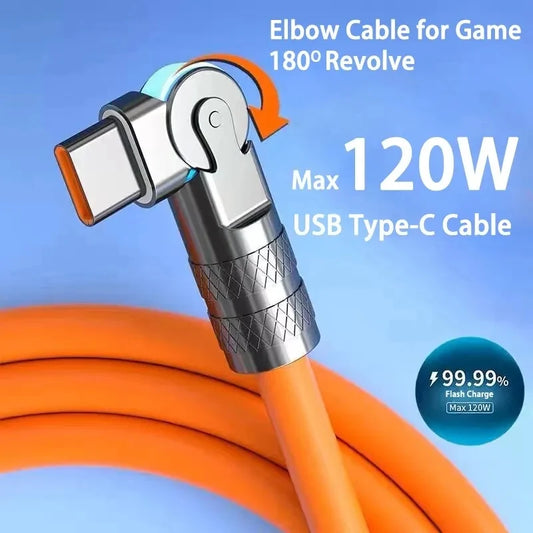 Câble USB Type C USB 120W 7A Type C 180 degrés Câble coude de rotation pour le jeu pour Xiaomi Redmi Honor Phone Charger USB C Câble
