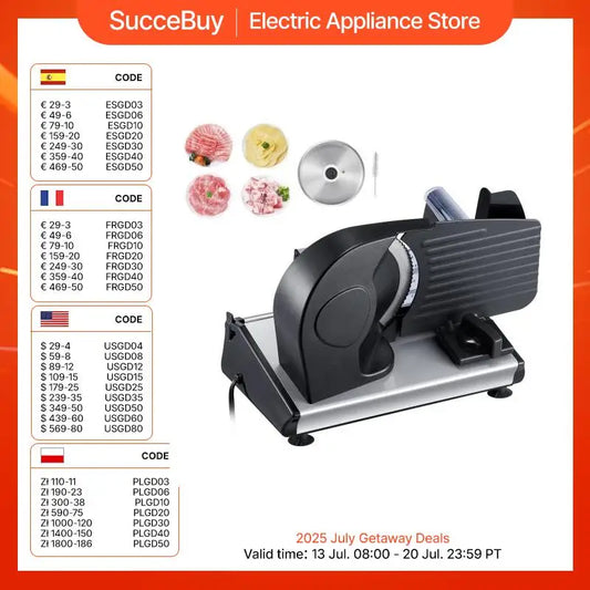 Succebuy Meat Slicer 180W et 7,5 pouces électriques de charcuterie de viande de flèche électrique avec deux lames SUS420 premium pour le fromage à viande Utilisation de la maison