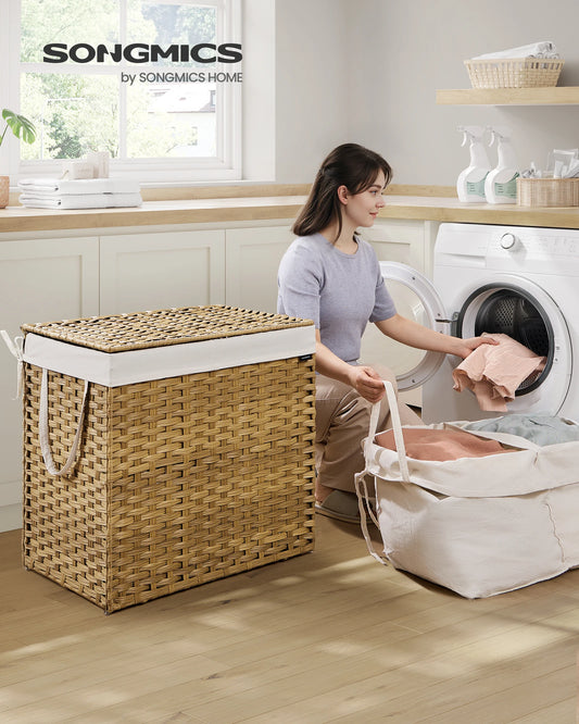 Panier de rangement, bac à linge sale 160L avec couvercle, sacs et poignées en tissu amovibles et amovibles, couleur en bois