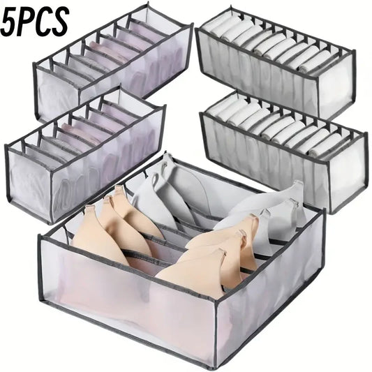 Boîtes de rangement à domicile de 5 packs Sacs de combinaison de sous-vêtements à carreaux pliants - Diviseurs de tiroir en nylon pour chaussettes, culotte et sous-vêtements